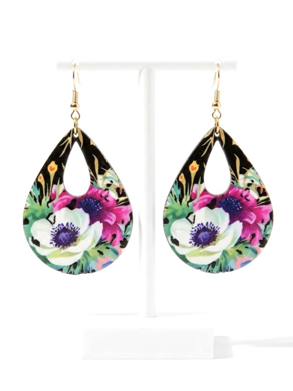 New Artisan Handmade Tropical Paradise Hand Painted Hawaii Floral Gold Earrings